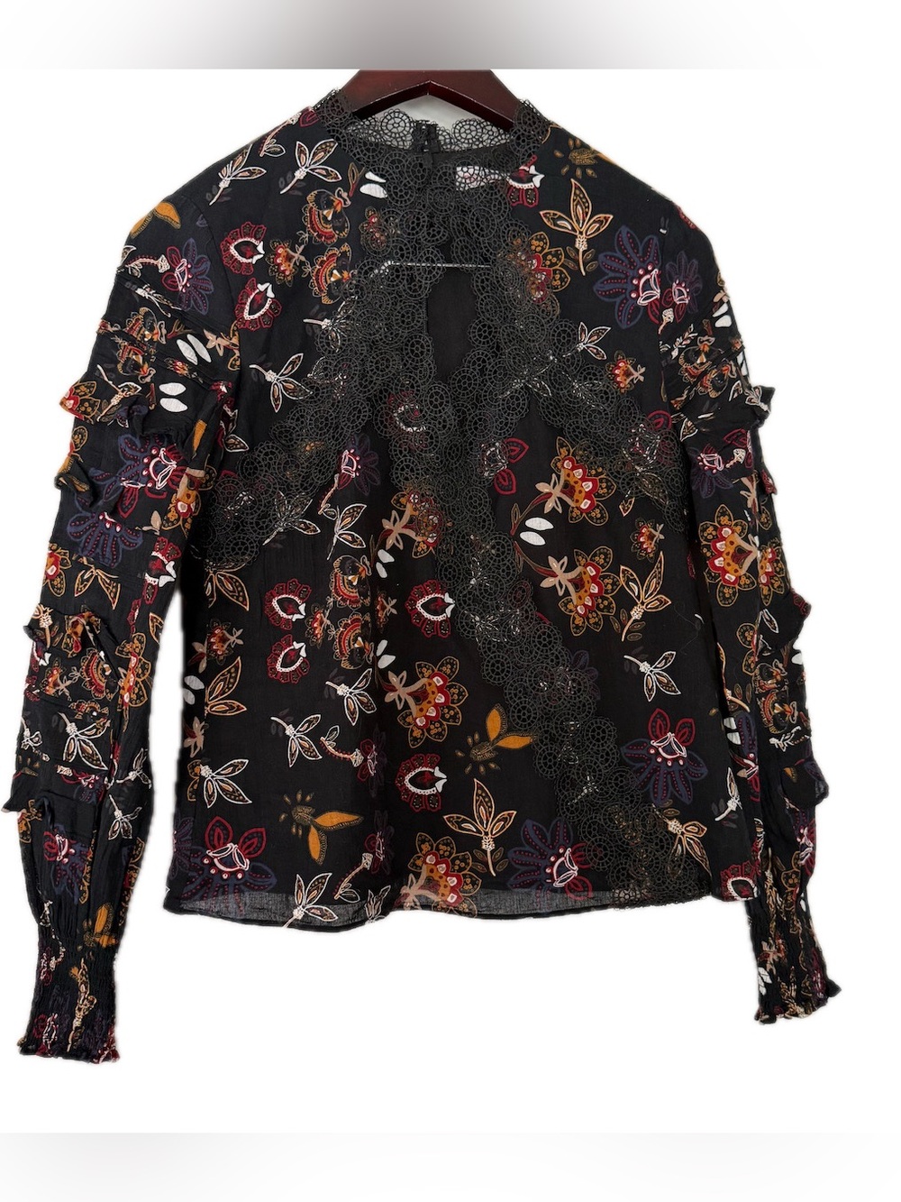 Red Carter Black Floral Lace-Trim Ruffled Long-Sleeve Blouse Women’s Size XS EUC